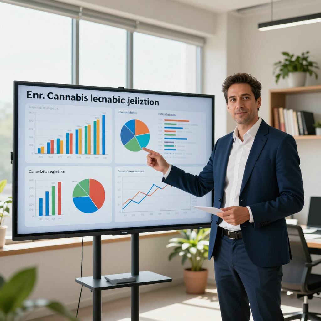 Man in suit presenting colorful charts on a large screen in a bright office conference room