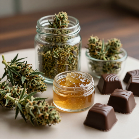 Cannabis buds in glass jars with honey and chocolate truffles on a table