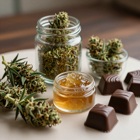 Cannabis buds in glass jars with honey and chocolate truffles on a table