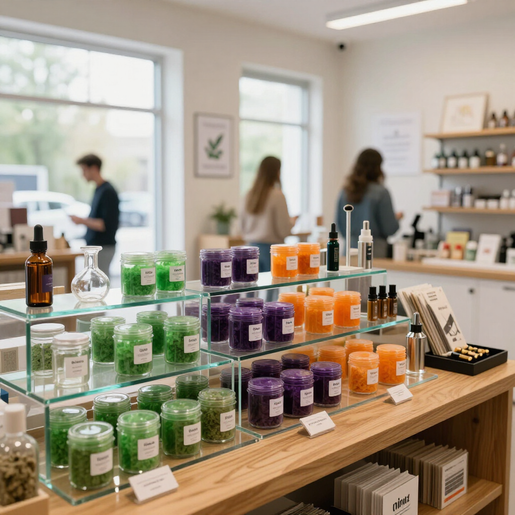 Apothecary shop with colorful stacked jars on wooden shelves and people browsing in the background