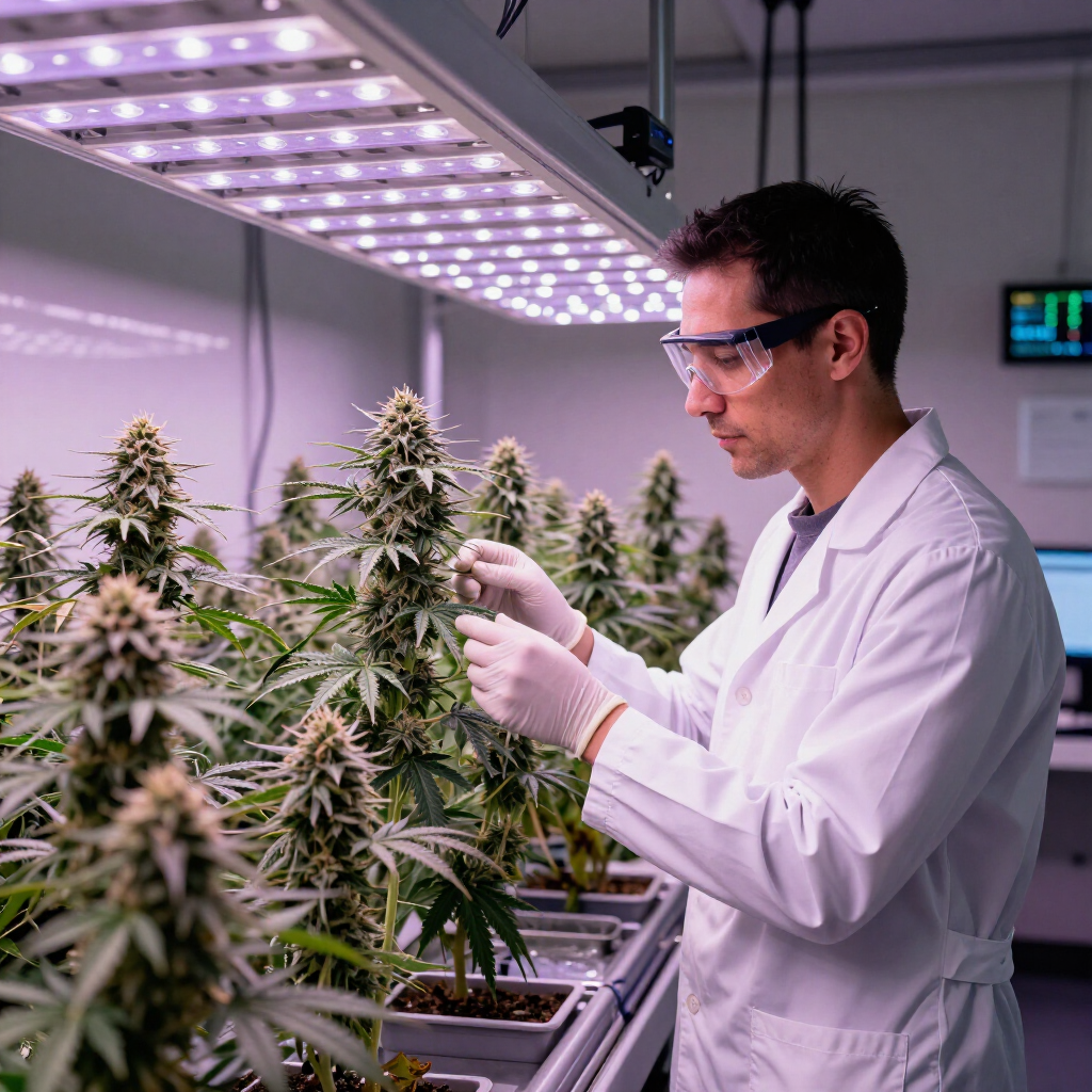 Scientist in a lab coat inspecting cannabis plants under LED grow lights