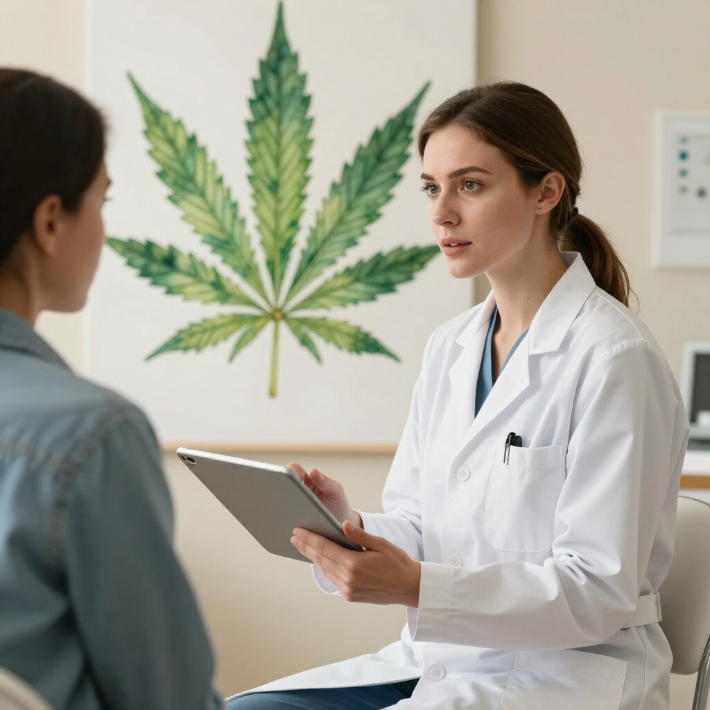 Doctor holding a tablet in a clinic, speaking with a patient near a large cannabis leaf wall graphic