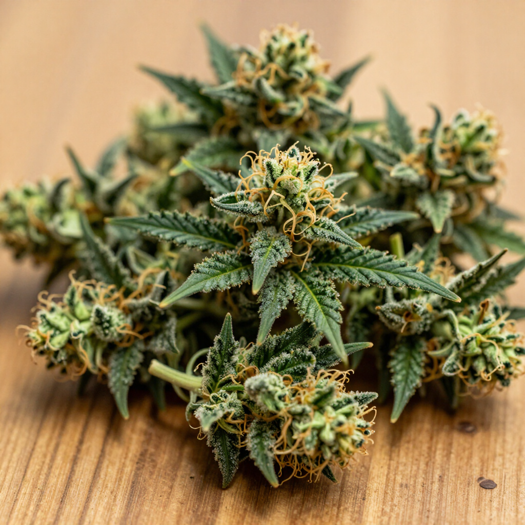 Cannabis buds and leaves arranged on a wooden surface