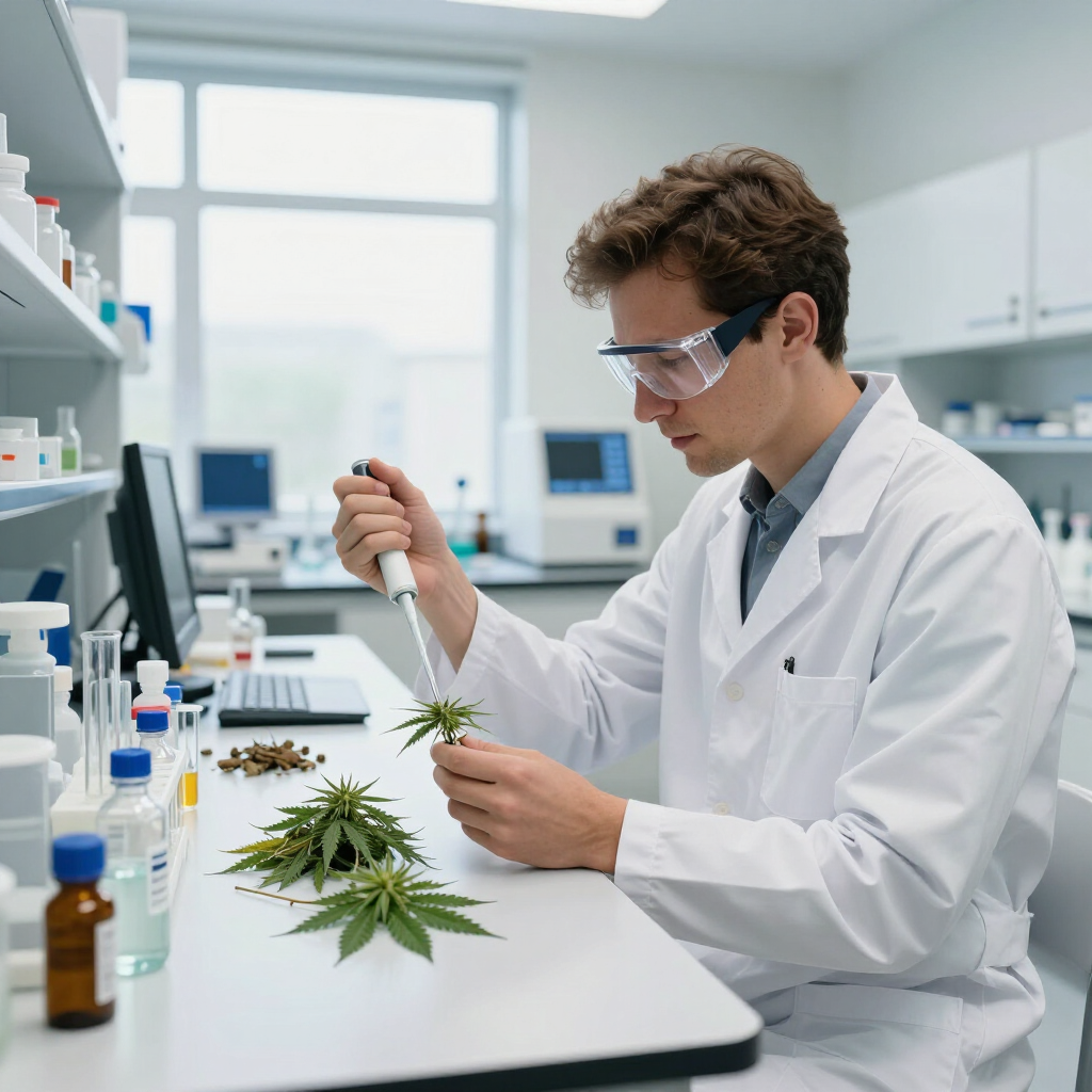 Scientist in a lab coat examining cannabis plants in a bright laboratory