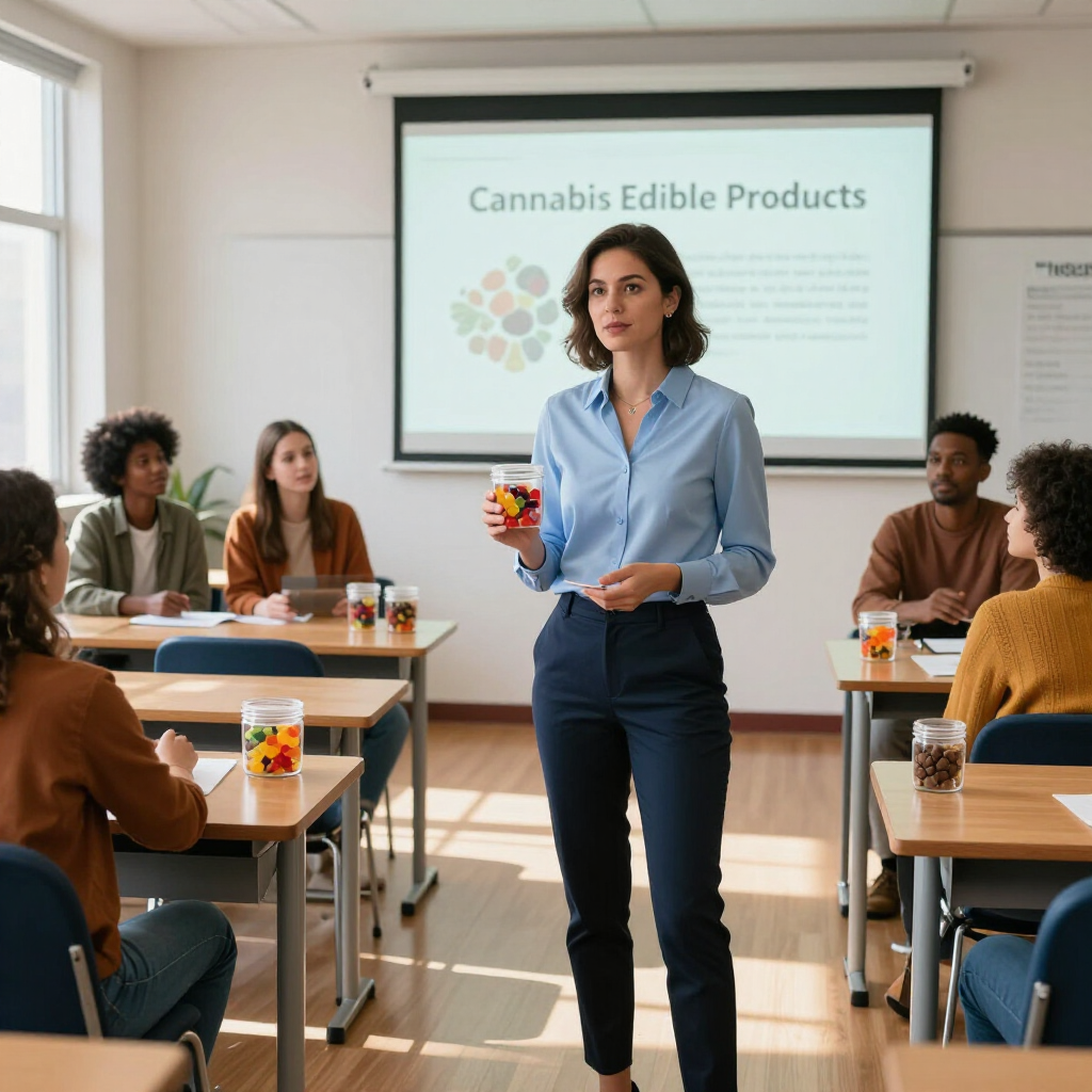 Presenter in a classroom discussing cannabis edible products with seated attendees.