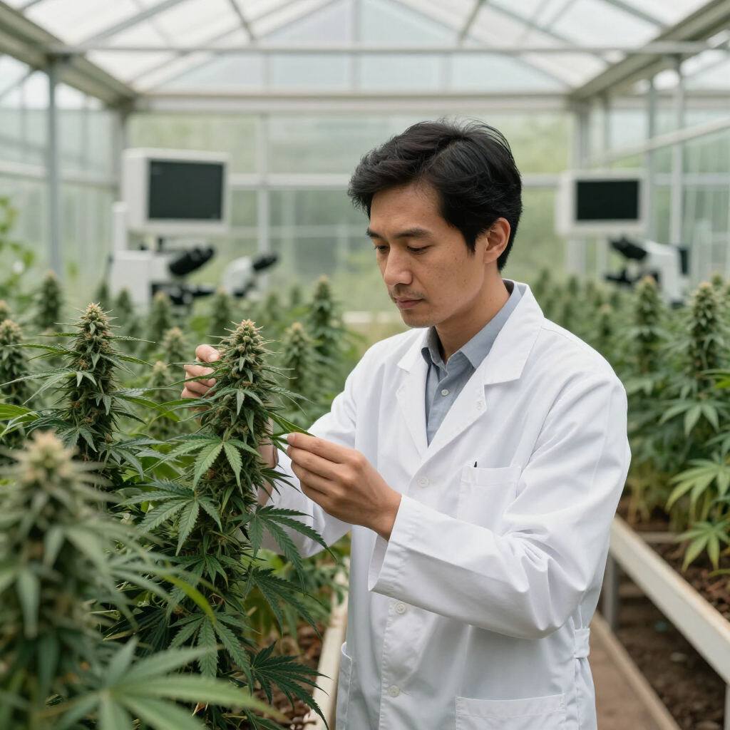 Scientist inspecting cannabis plants in a greenhouse laboratory