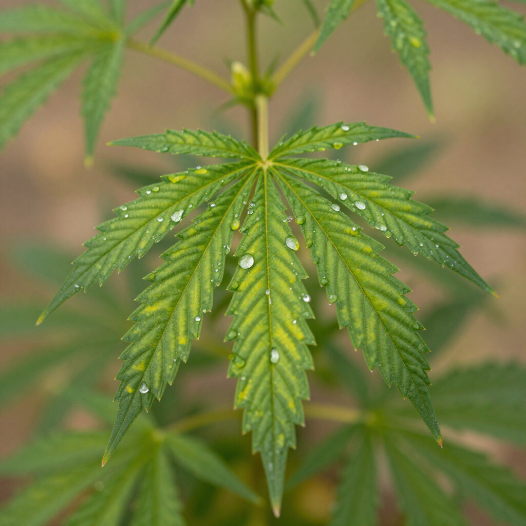 Close-up of a green cannabis leaf with water droplets on a blurred background