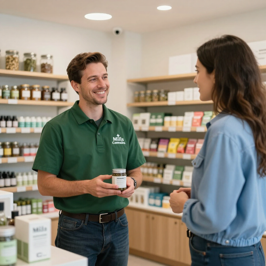 Store employee in green shirt shows a product to a customer in a wellness shop.