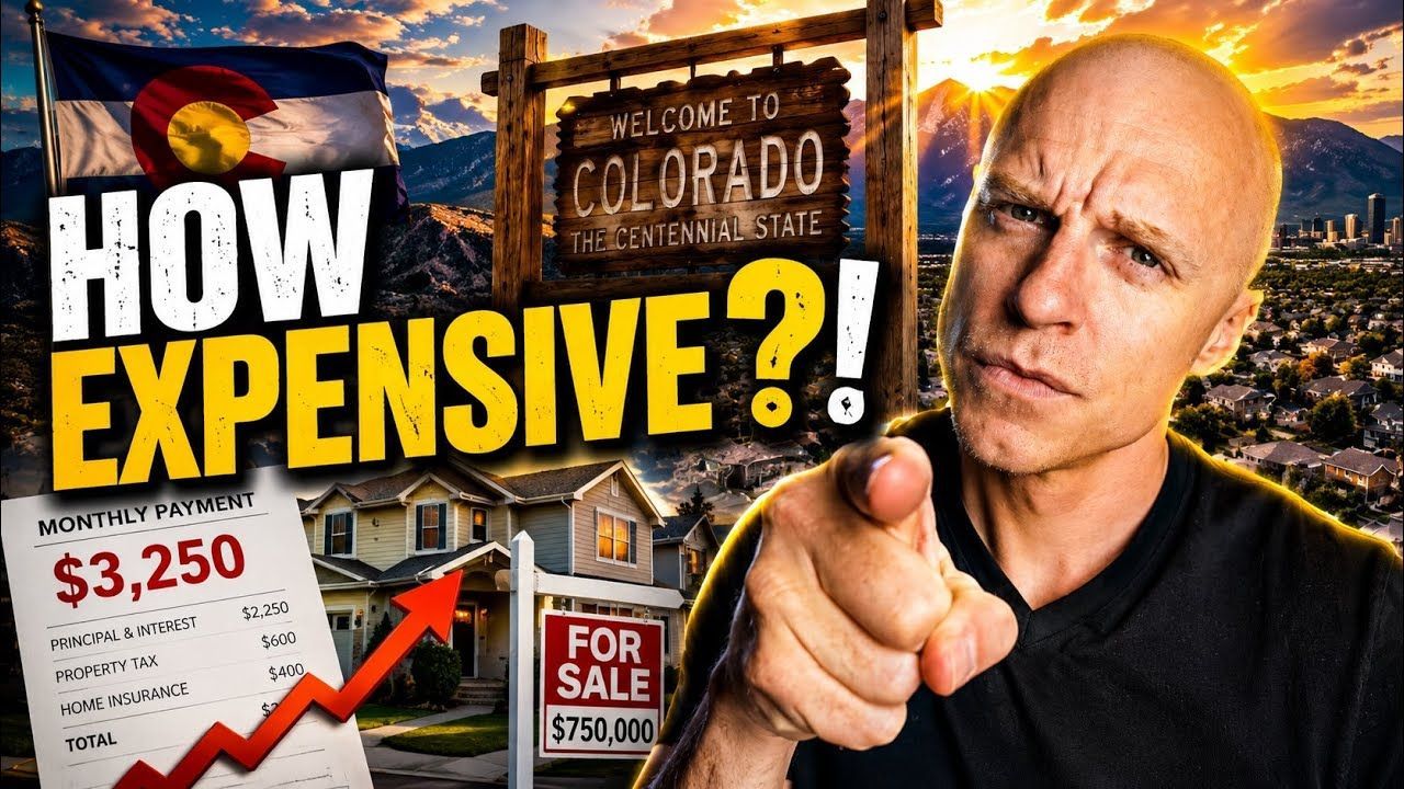 Person pointing beside a “How expensive?” sign, Colorado welcome sign, and house for sale graphic