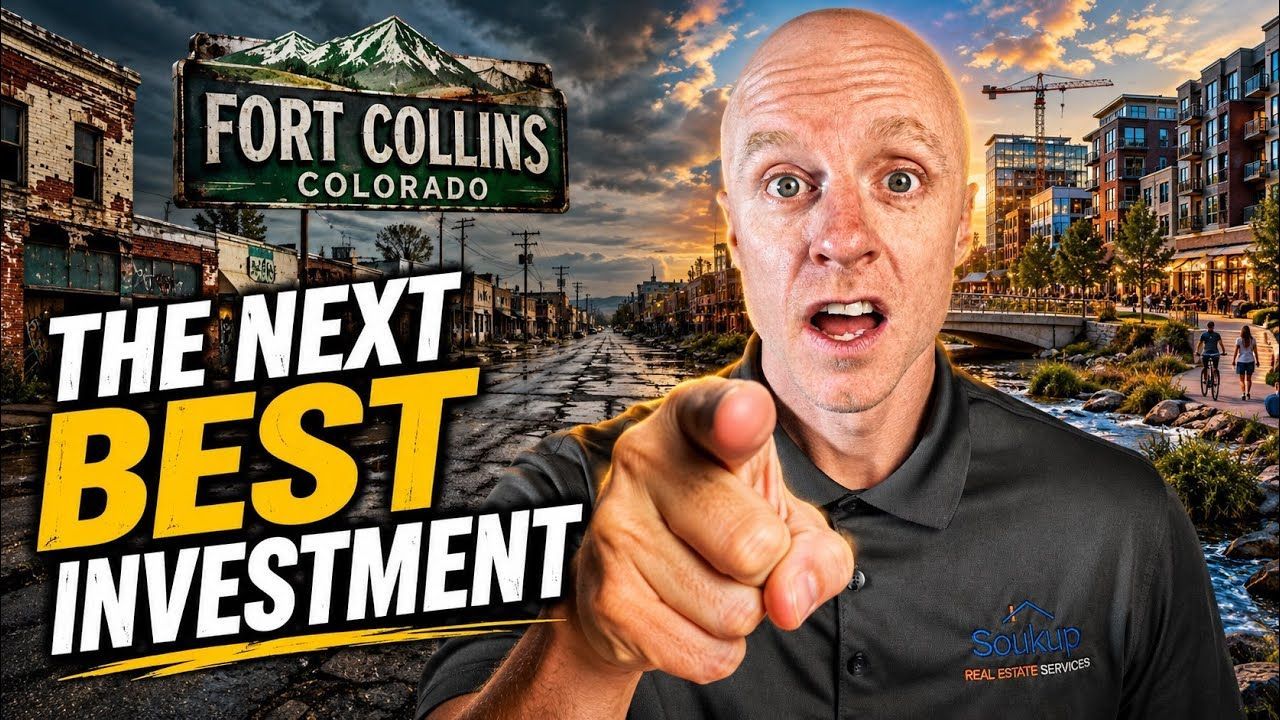 Fort Collins, Colorado skyline with man pointing and text: “The Next Best Investment”