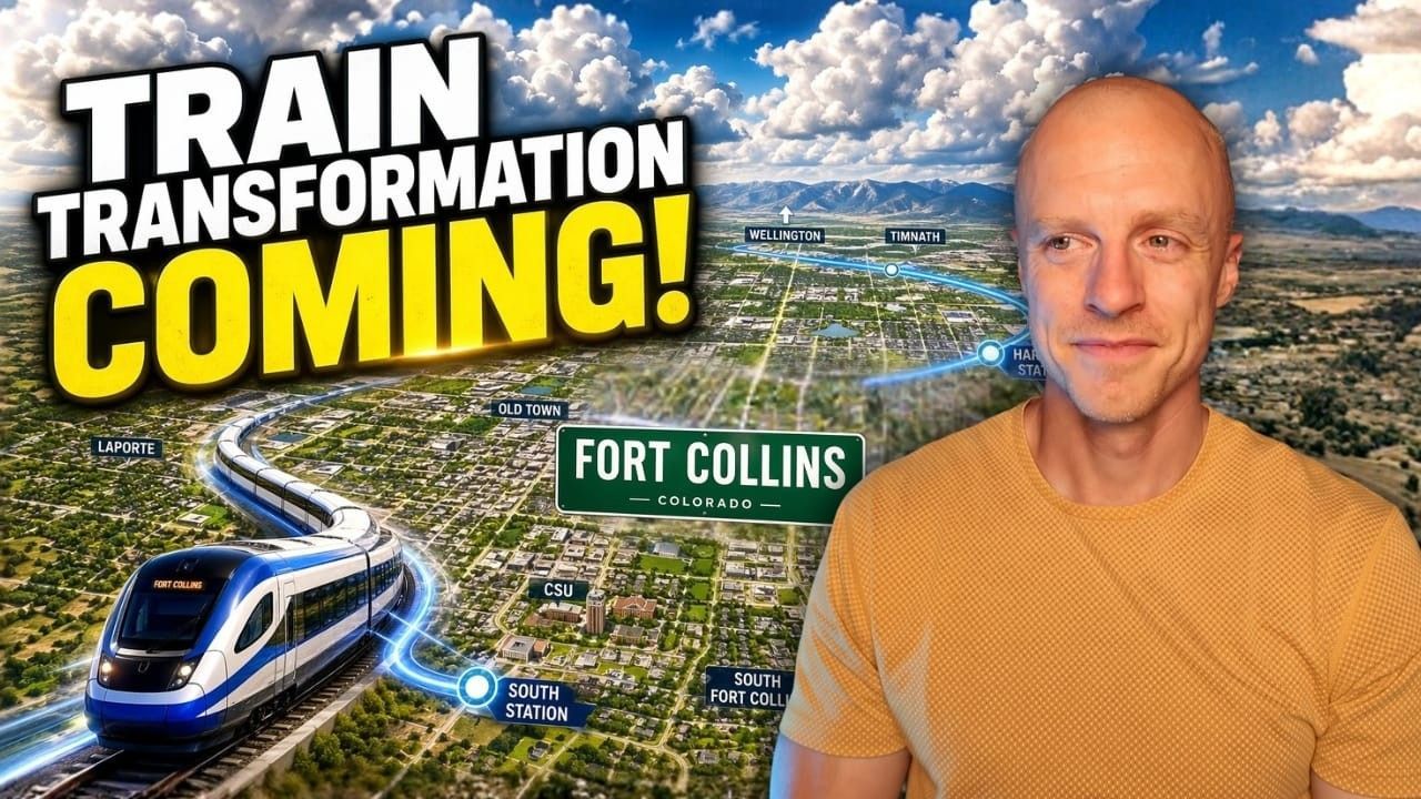 Train transformation graphic over Fort Collins map, with a blue high-speed train and a man on the right.