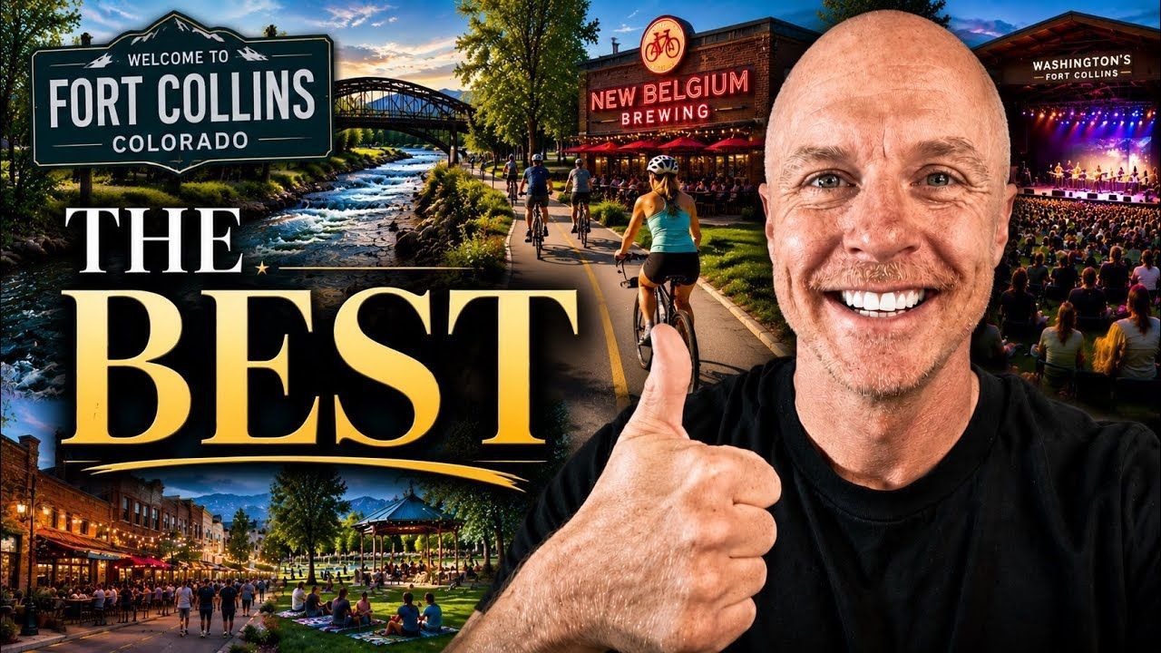 Fort Collins travel collage with “The Best” text and a smiling man giving a thumbs-up