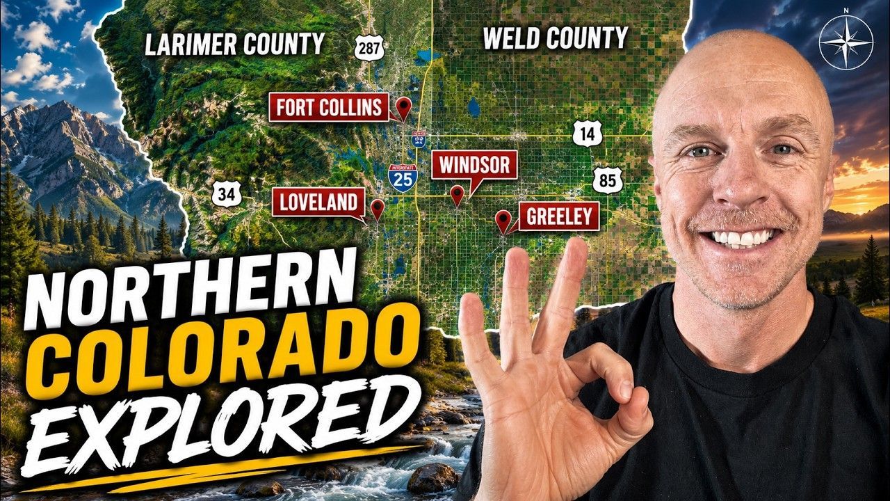 Map of Northern Colorado towns with smiling man making OK sign beside bold “Northern Colorado Explored” title.