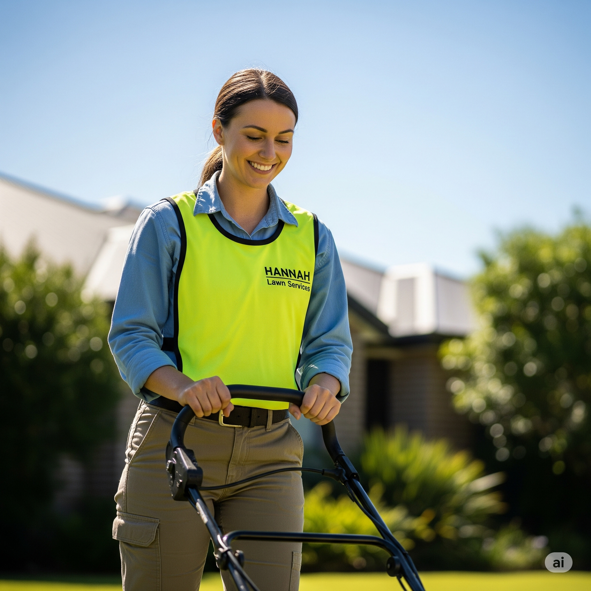 Woman wearing a safety vest smiling while mowing a lawn on a sunny day.