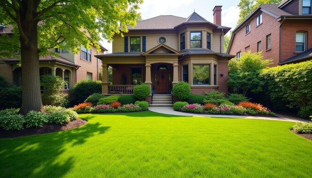 Two-story brown house with manicured lawn, flowerbeds, and a large tree in front.