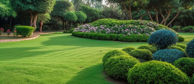 Green, manicured garden with round bushes, flowers, and trees.