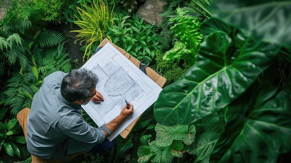 Man sketching landscape design on clipboard surrounded by lush green plants.