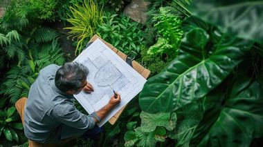 Man sketching landscape design on clipboard surrounded by lush green plants.