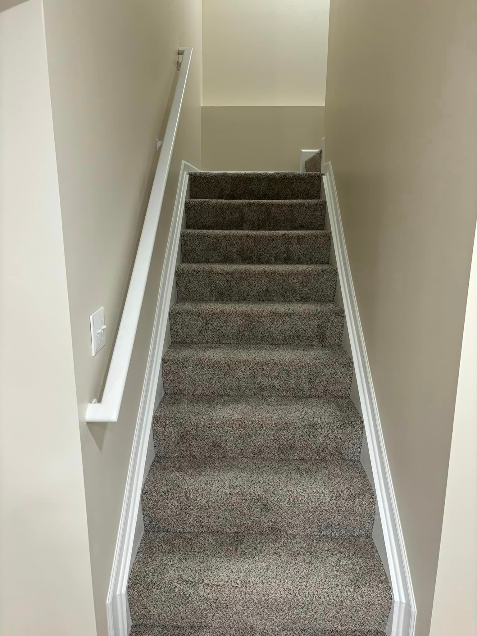 The stairs are carpeted and have a white railing.