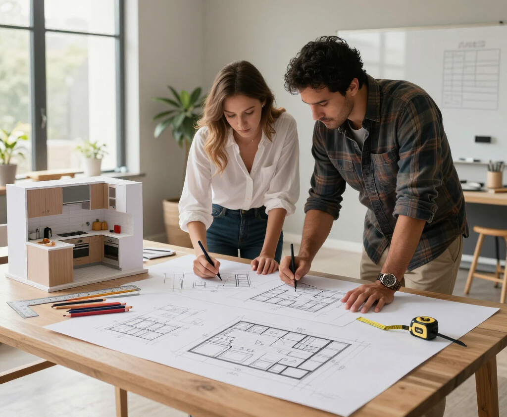 Two men reviewing architectural plans on a kitchen counter in a bright room with a tablet and tools.