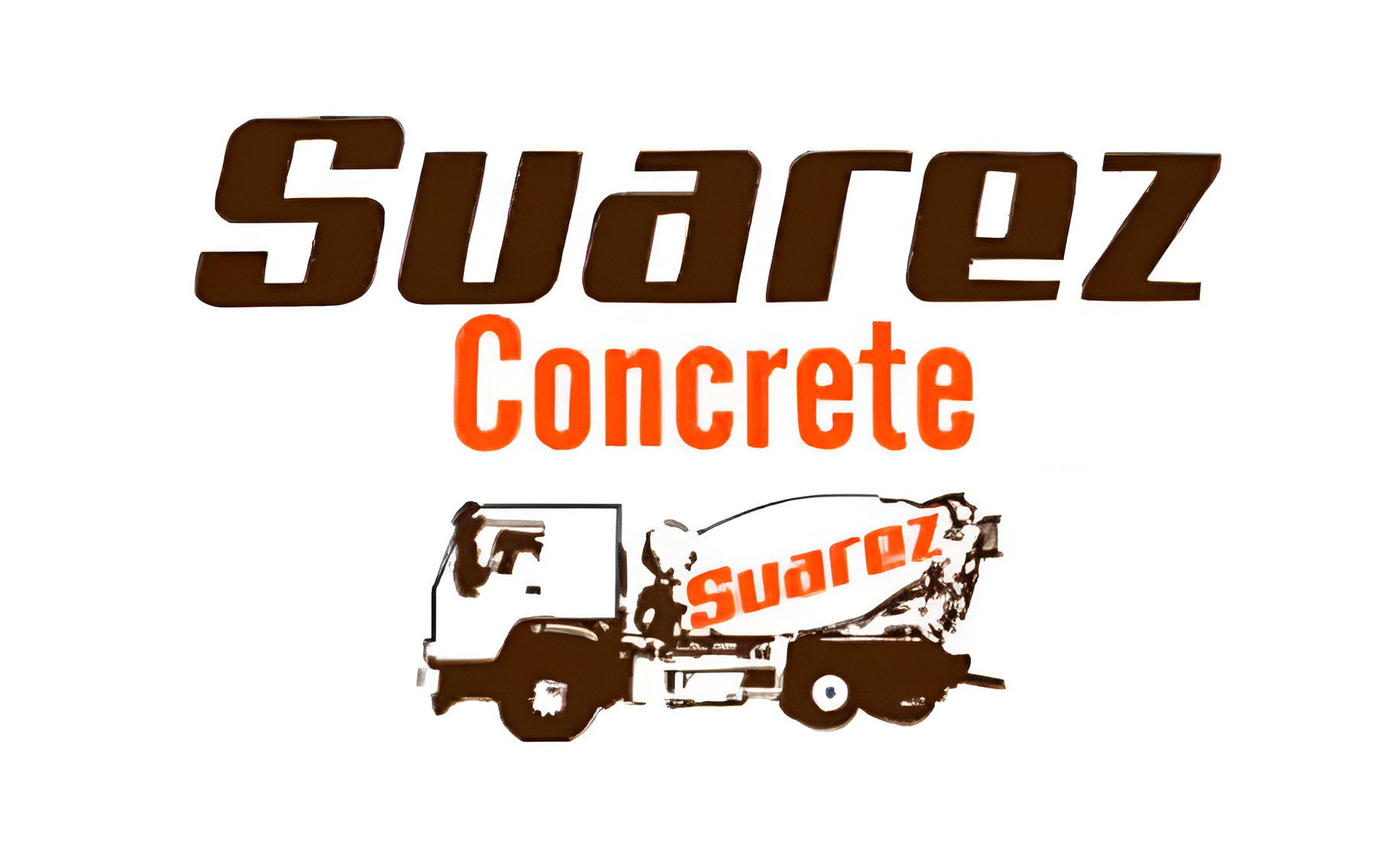 Logo for Suarez Concrete, featuring a brown and orange wordmark with a cement truck.