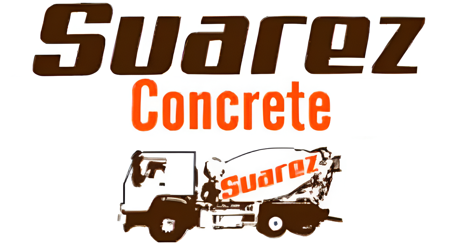 Logo for Suarez Concrete, featuring a brown and orange wordmark with a cement truck.