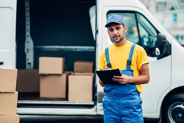 A courier in a yellow t-shirt and blue overalls holds a clipboard in front of a white delivery van loaded with boxes.