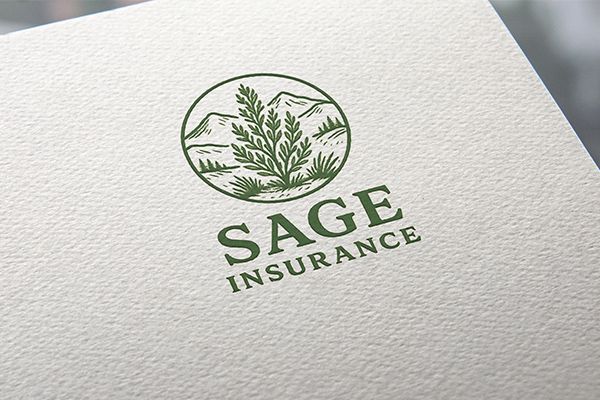A green logo for Sage Insurance featuring a line-art mountain and sagebrush illustration, embossed on textured paper.