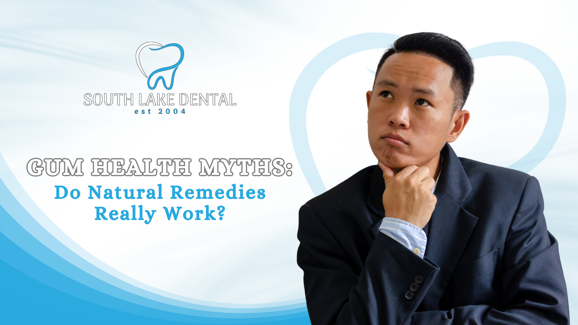 A man in a suit is thinking about gum health myths