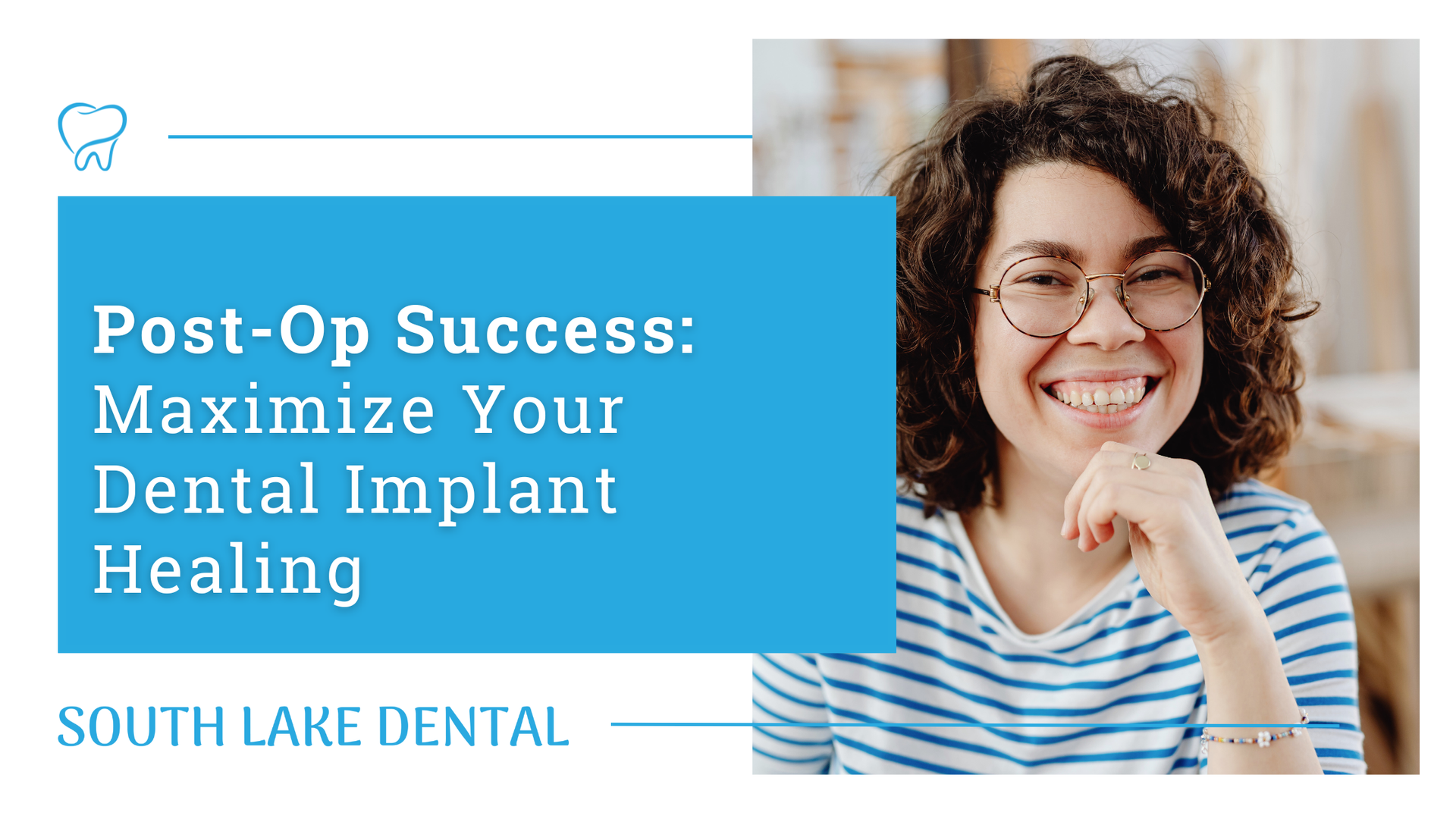 Smiling woman wearing glasses next to a blue banner with text