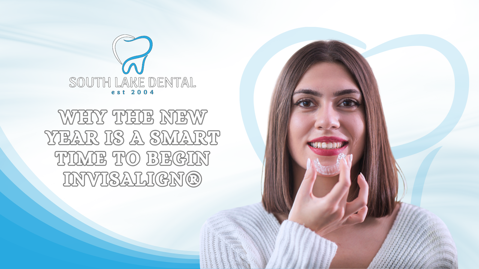 Woman holding Invisalign aligner, smiling. Text reads: 