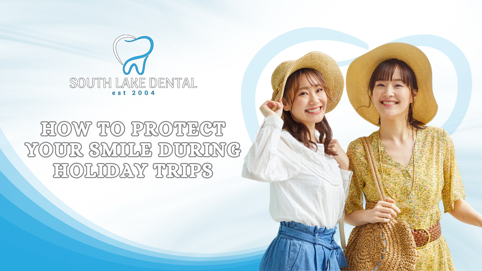 Two women smiling, wearing hats, with dental clinic logo and text: 