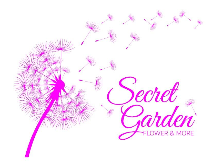 Logo con dente di leone rosa e testo 