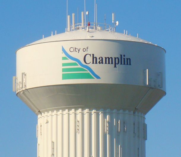 An aerial view of a water tower in the city of hawthorne