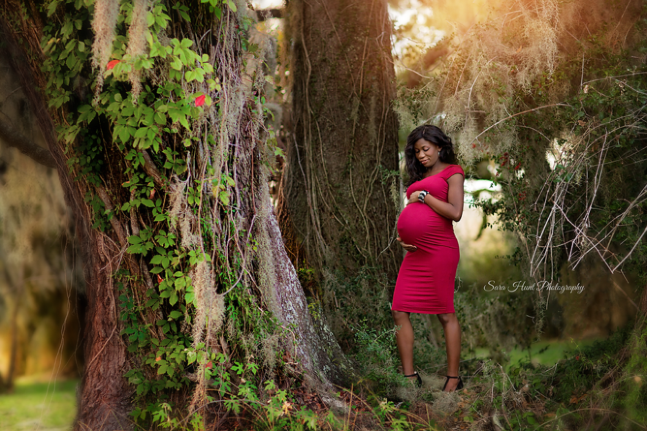 Pregnant woman in purple dress wandering in the forest — Pearland, TX — Sara Hunt Photography
