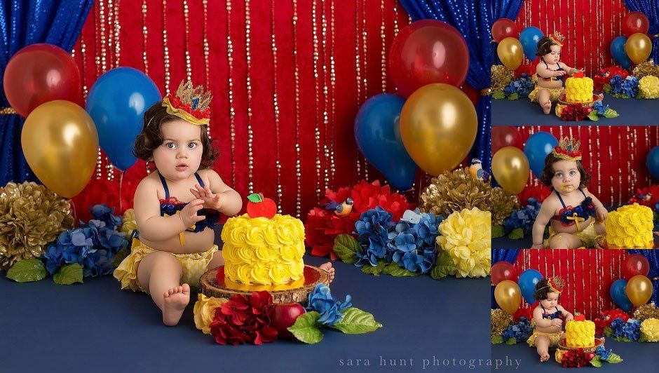 Kid wearing a snow white outfit smashing the birthday cake — Pearland, TX — Sara Hunt Photography