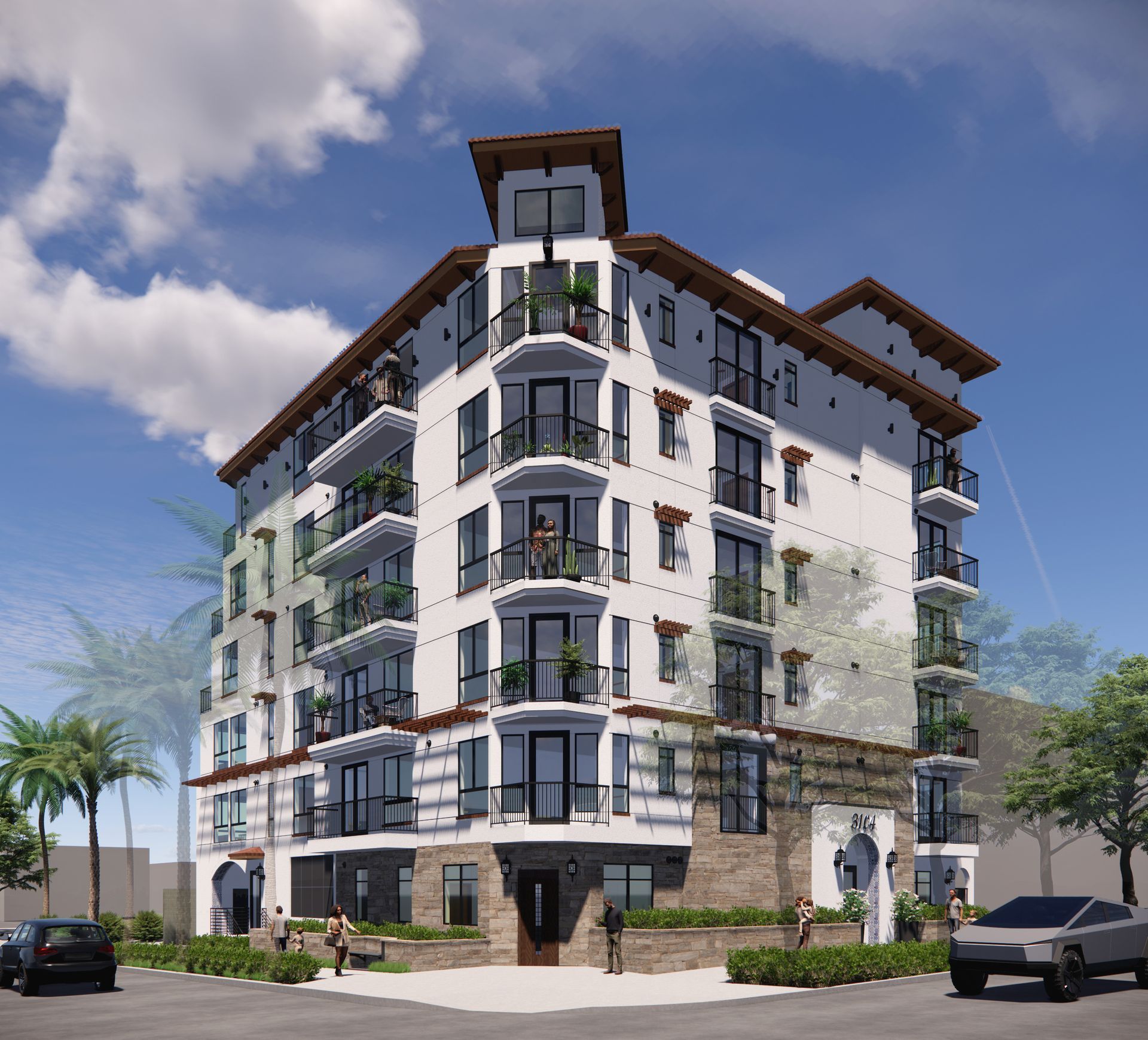 3D Rendering of a building that is multiple stories tall, showing the front corner of the building