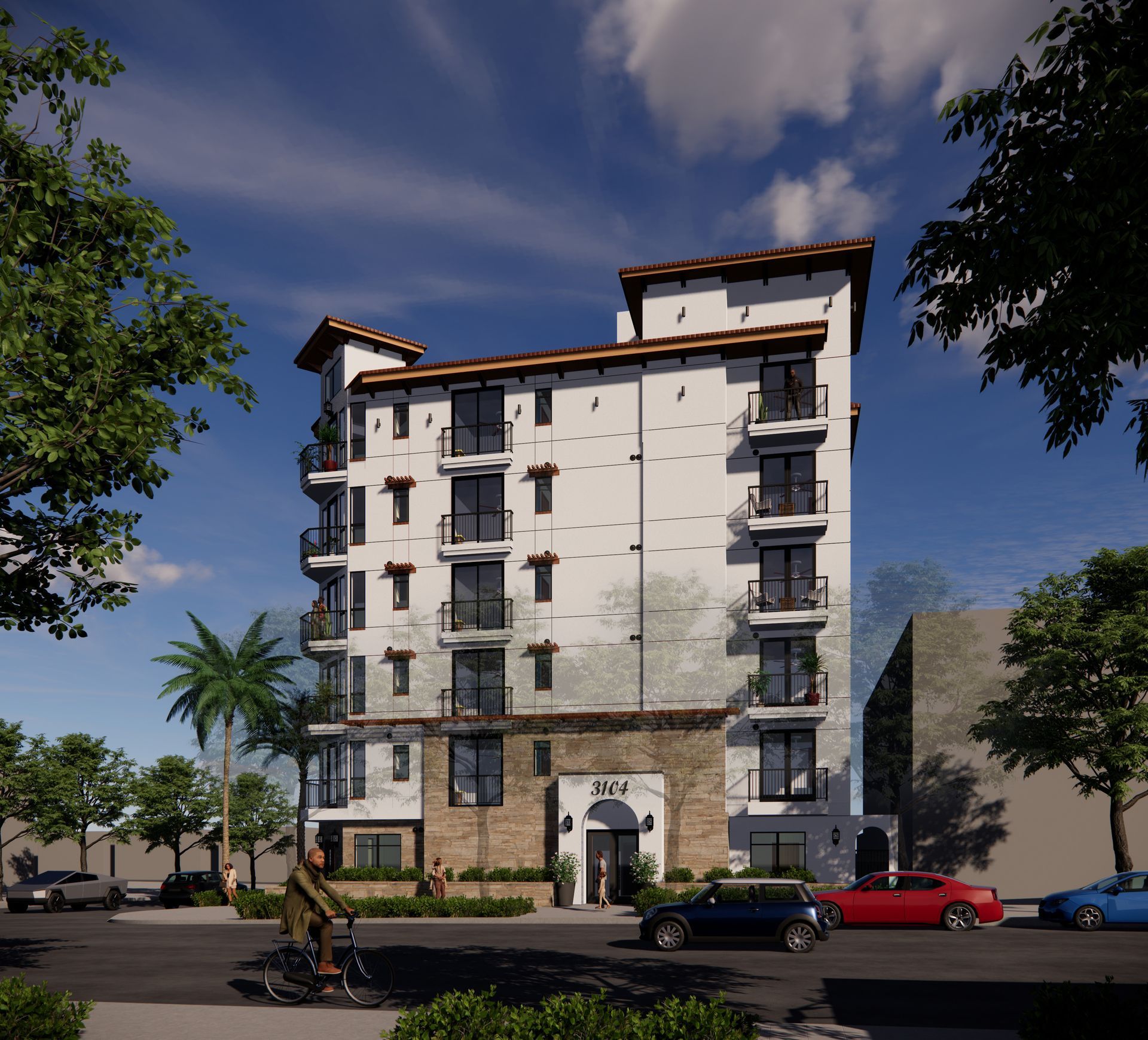 3D Rendering of a building that is multiple stories tall, showing balconies 