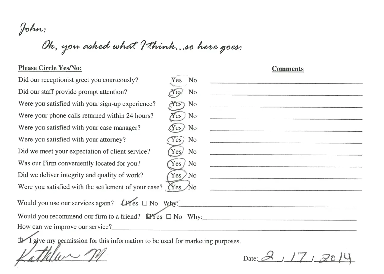 A sheet of paper with a list of questions and a signature on it.