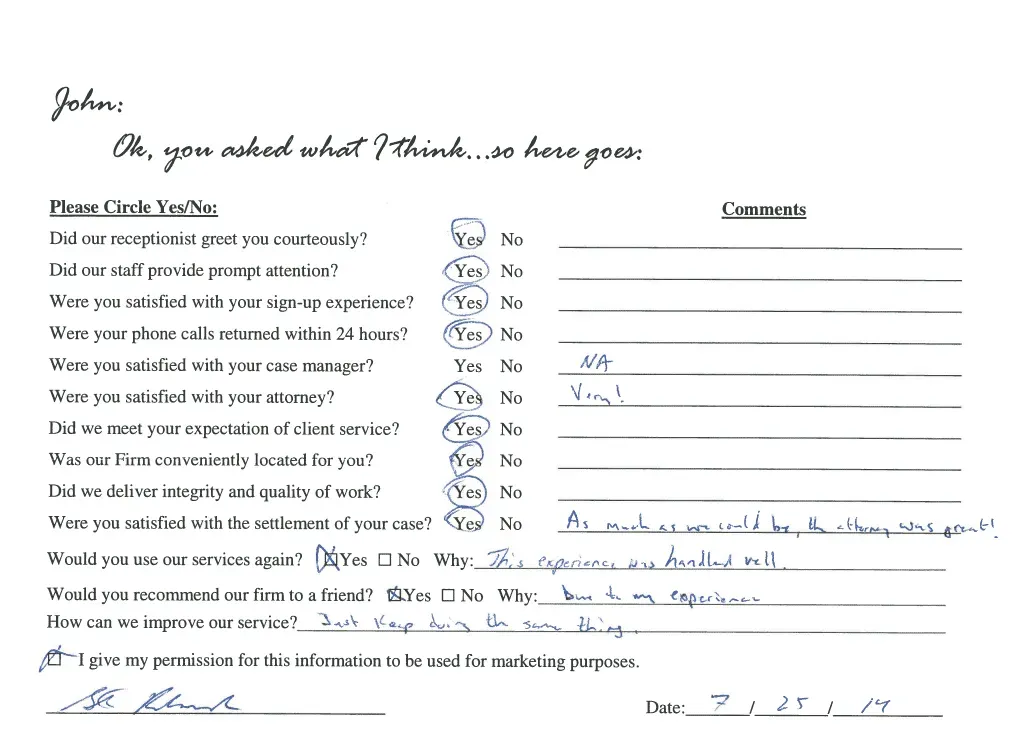 A white paper with a list of questions and a signature on it.