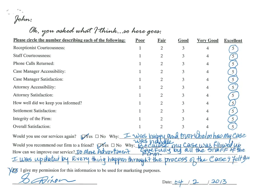 A person has written a survey on a piece of paper.
