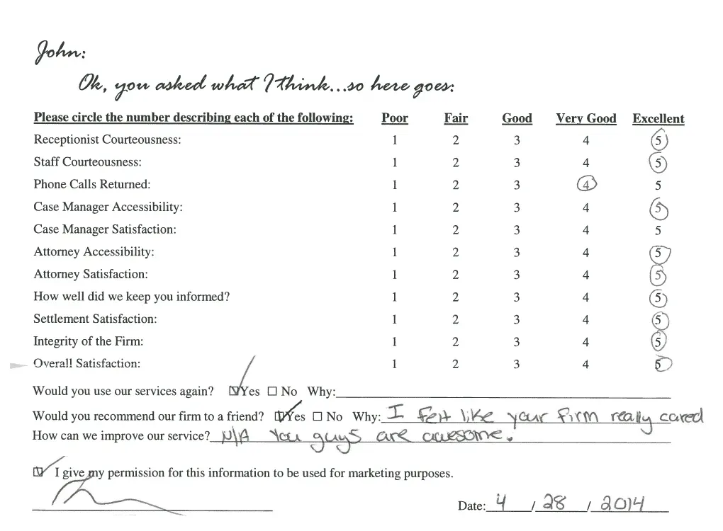 A customer satisfaction survey is being filled out by a customer