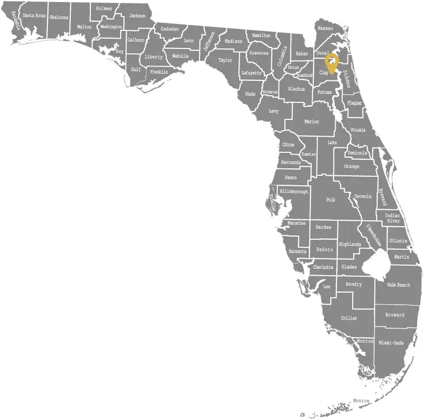 A map of florida with the state highlighted in yellow