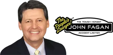 A man is smiling in front of a logo for john fagan