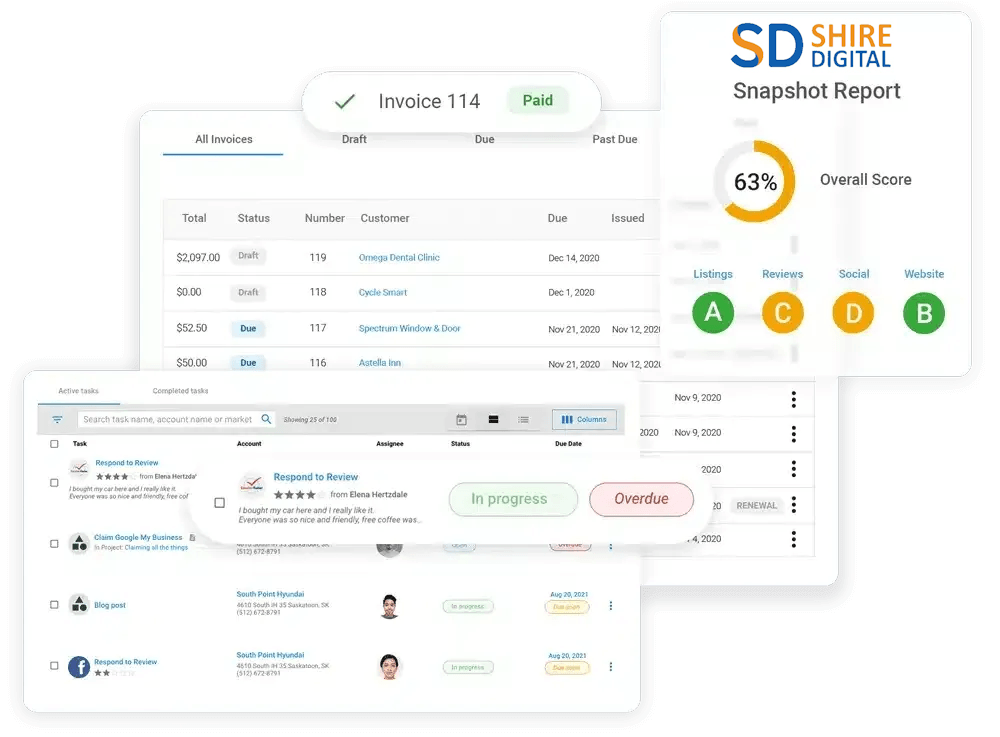 Screenshots of an analytics dashboard, including a progress report, and a performance report.