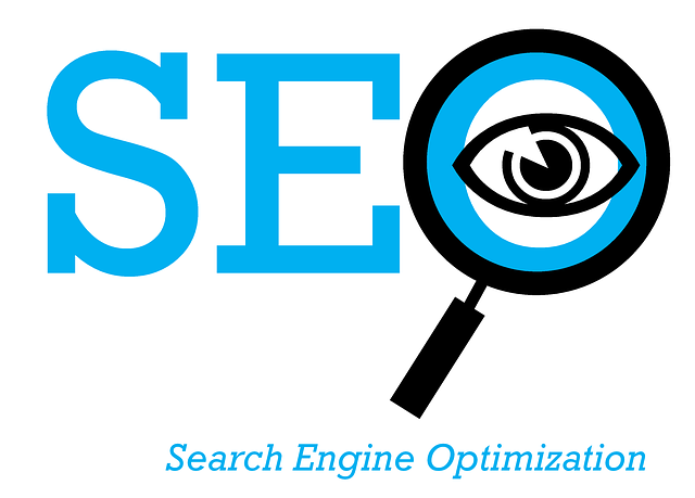 Blue SEO letters next to a magnifying glass with an eye, 
