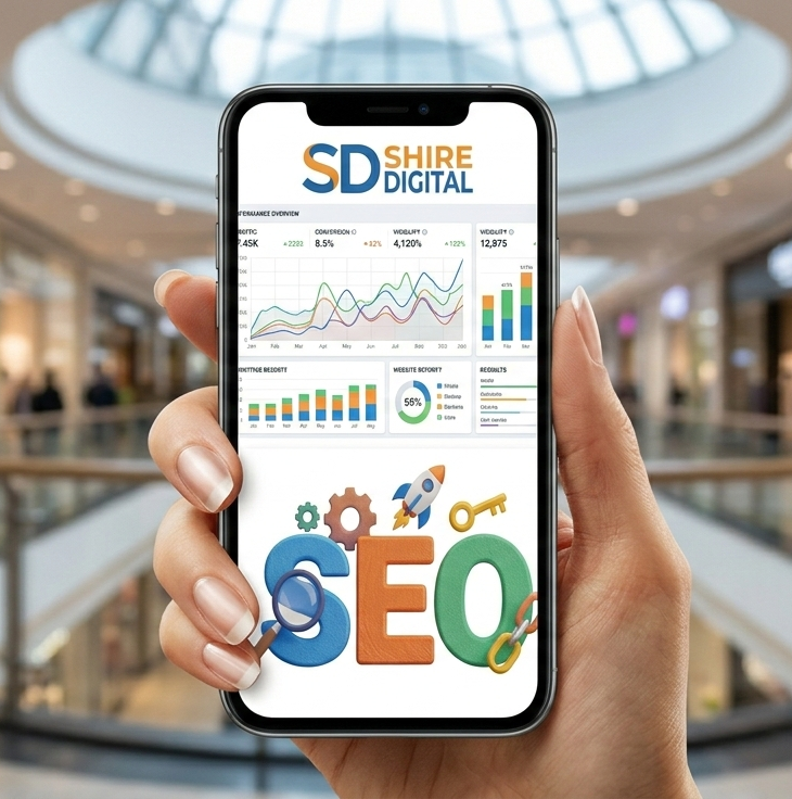 A hand holds a smartphone displaying Shire Digital SEO analytics and graphics against a blurry indoor mall background.