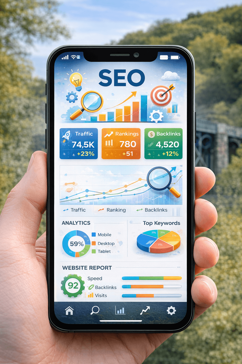 A hand holds a smartphone displaying a colorful SEO analytics dashboard against a blurred outdoor landscape.