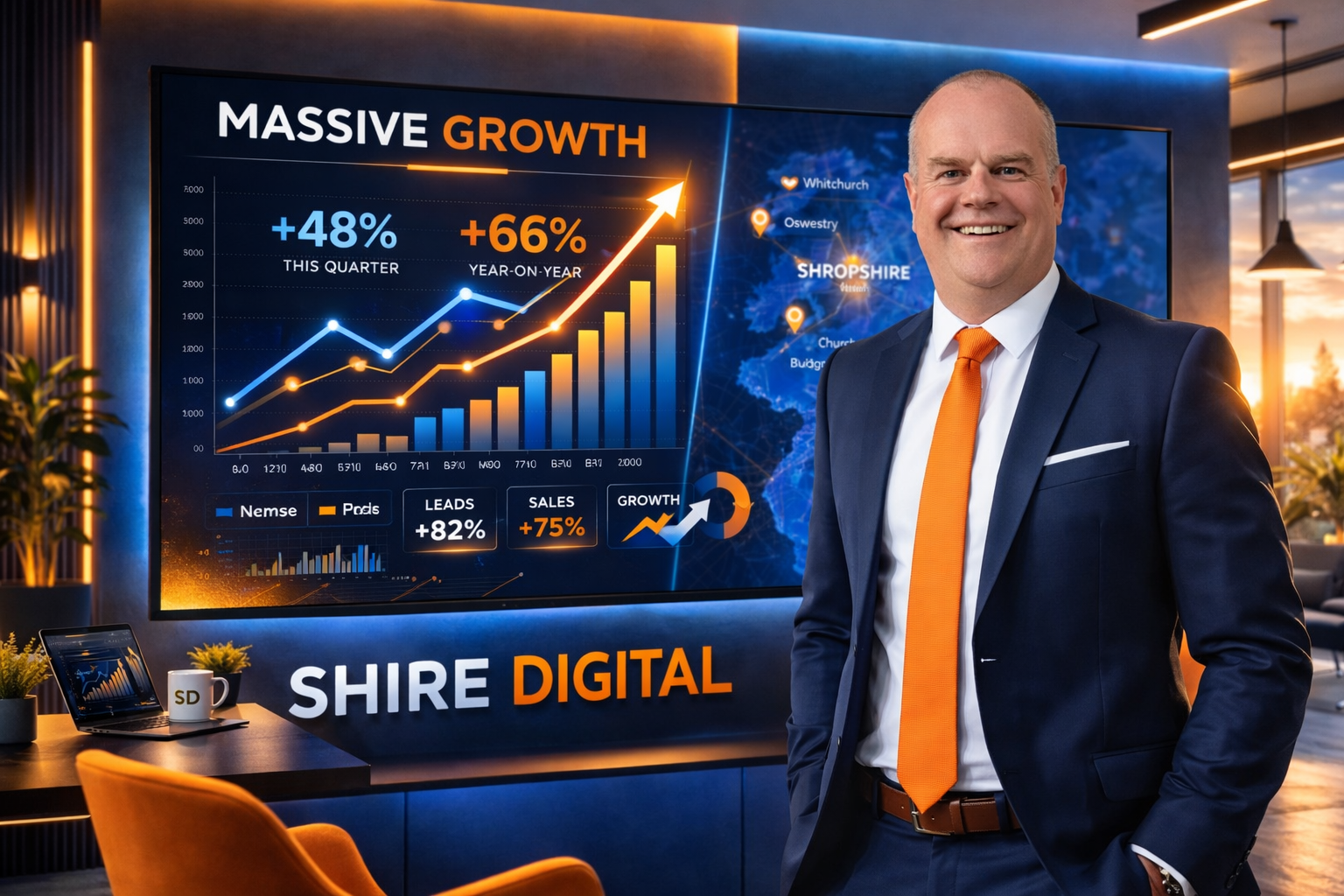 Simon Green from SHire Digital is standing in a modern office with financial data on a large wall-mounted screen.