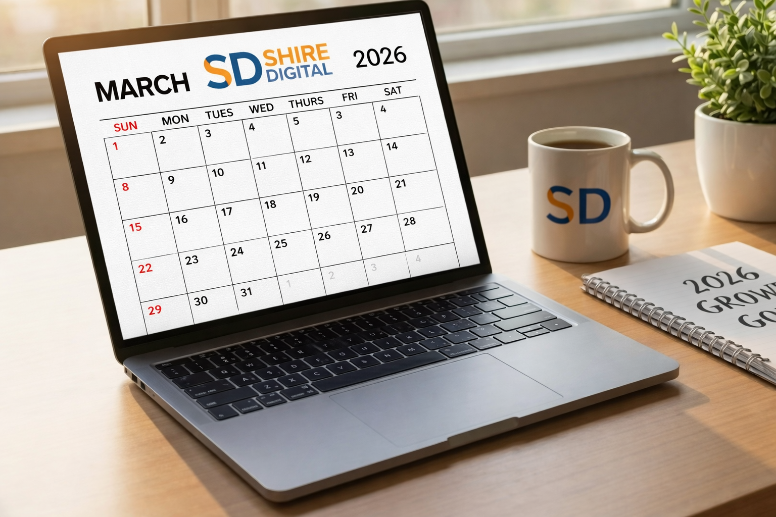 A laptop screen displaying a March 2026 calendar next to a branded coffee mug and notebook on a desk by a window for Shire-digital Shropshire.